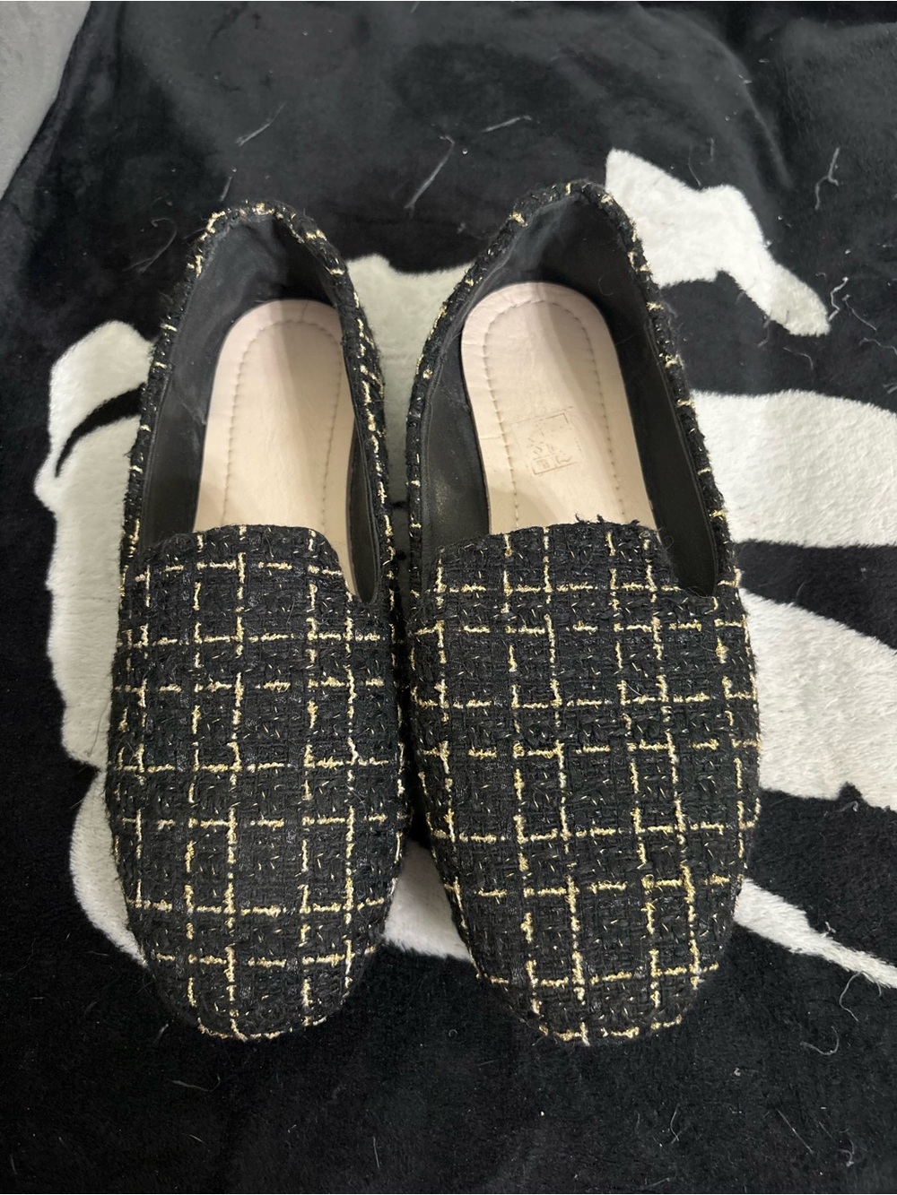 Tweed Slip-On Loafers in Black with Gold Stitching
